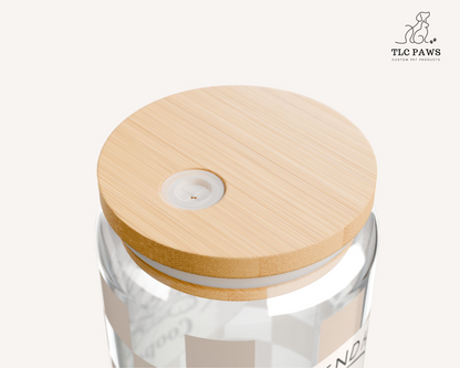 Custom Chow Chow Glass Tumbler with Bamboo Lid and Straw - Checkered Sand - TLC Paws