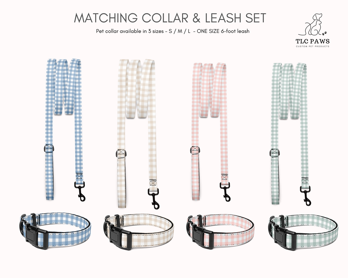 Dog Collar and Pet Leash Set - Gingham Sage - TLC Paws