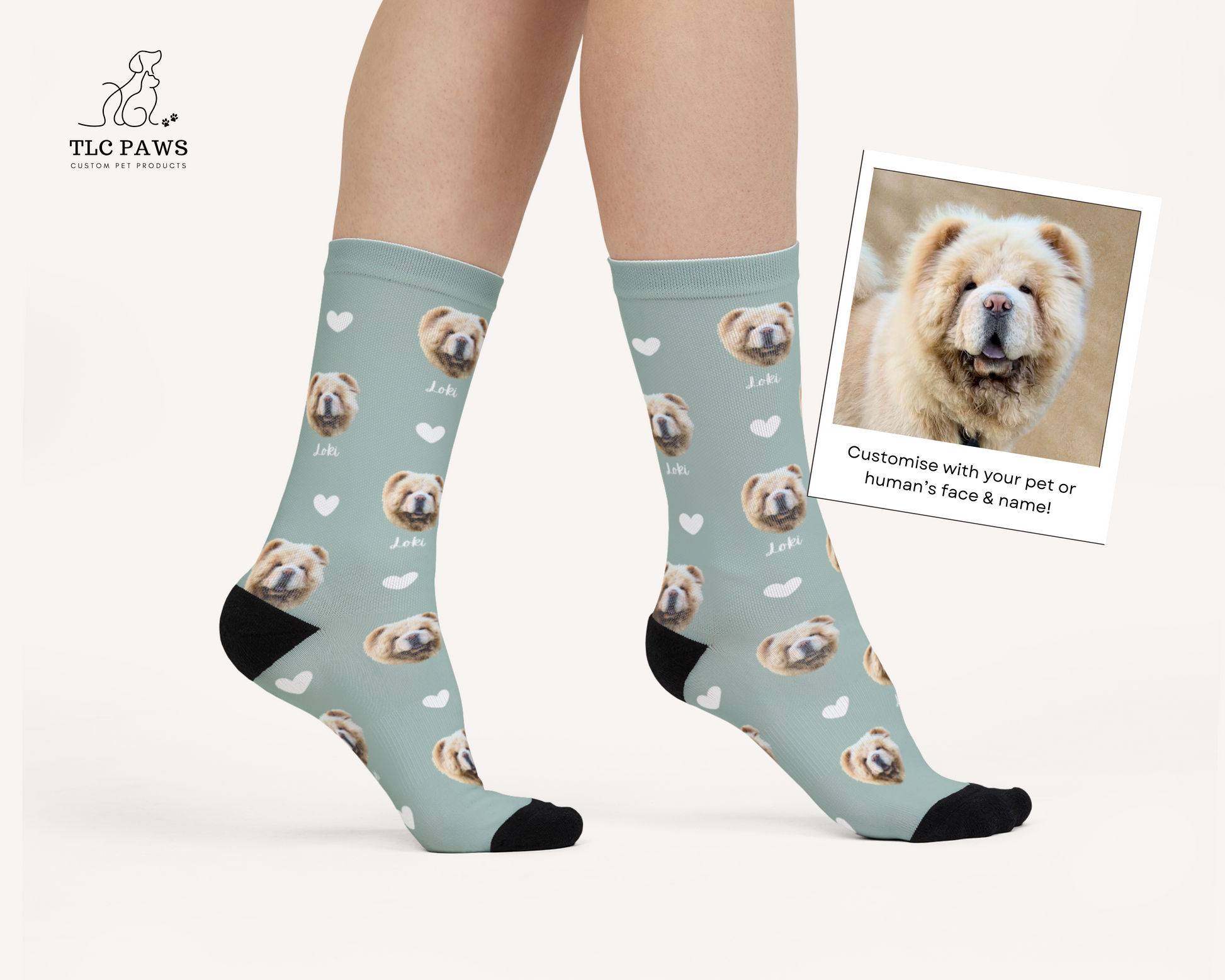 Custom Pet Face Socks with Personalised Name and Heart Sage - TLC Paws