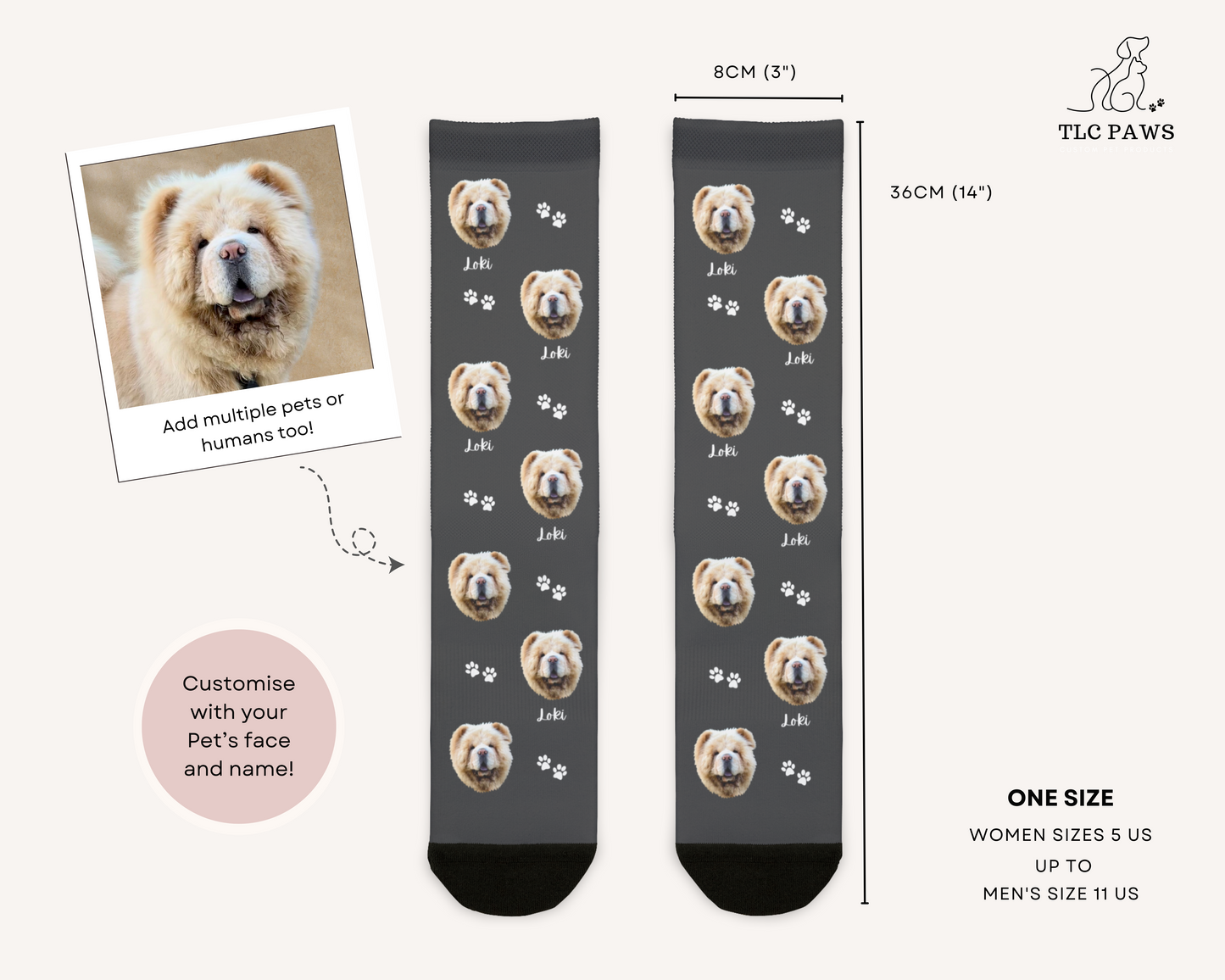 Custom Pet Face Socks with Personalised Name and Paw - TLC Paws