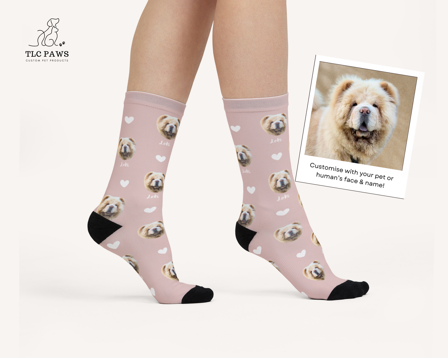 Custom Pet Face Socks with Personalised Name and Heart - PINK - TLC Paws