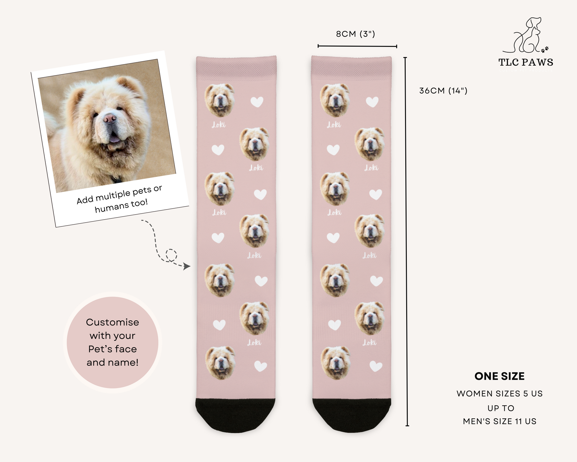 Custom Pet Face Socks with Personalised Name and Heart - PINK - TLC Paws