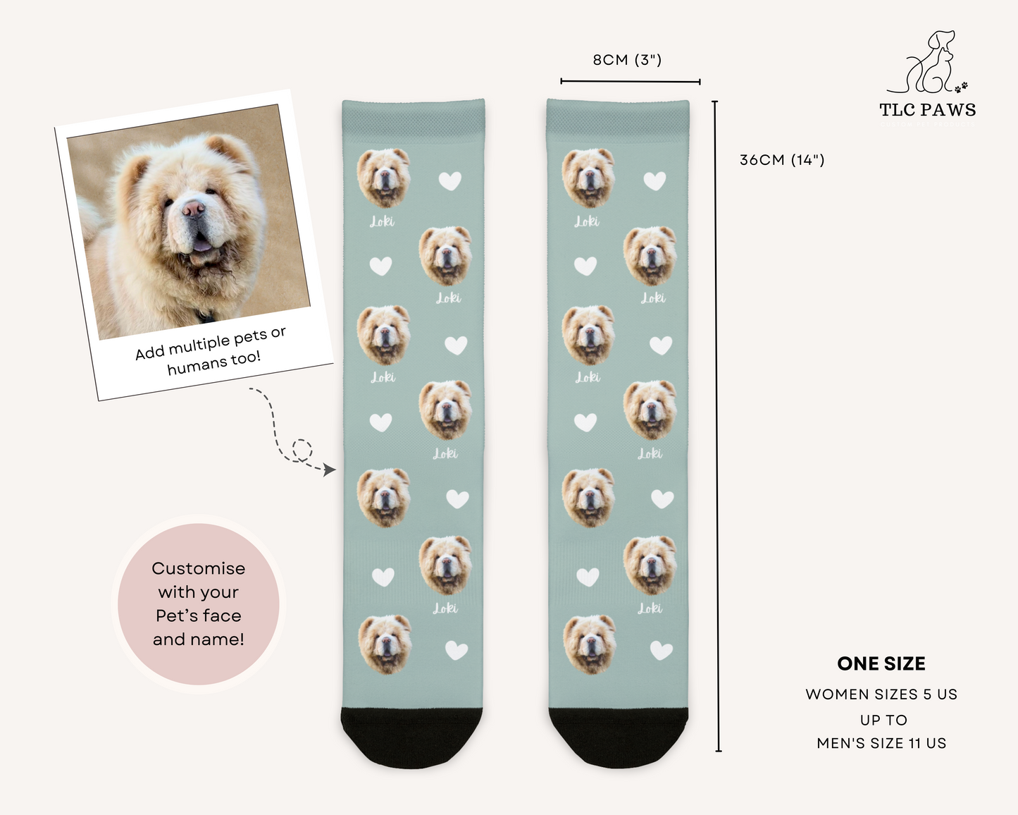 Custom Pet Face Socks with Personalised Name and Heart Sage - TLC Paws