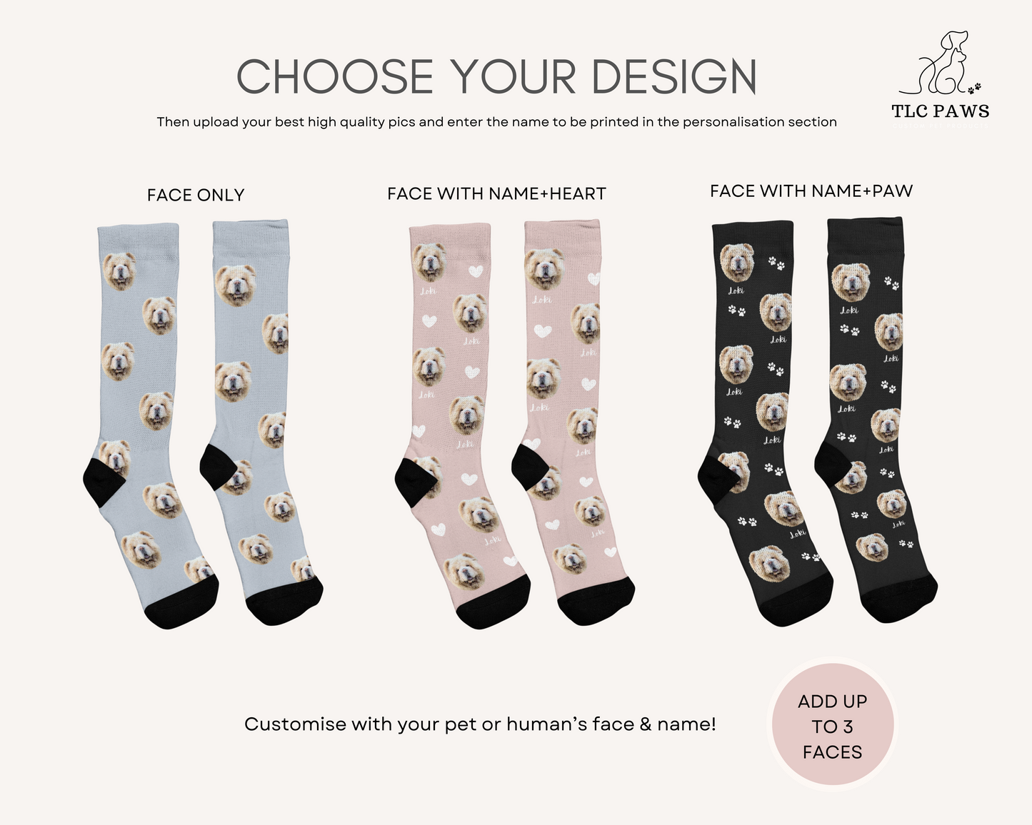 Custom Pet Face Socks with Personalised Name and Paw - TLC Paws