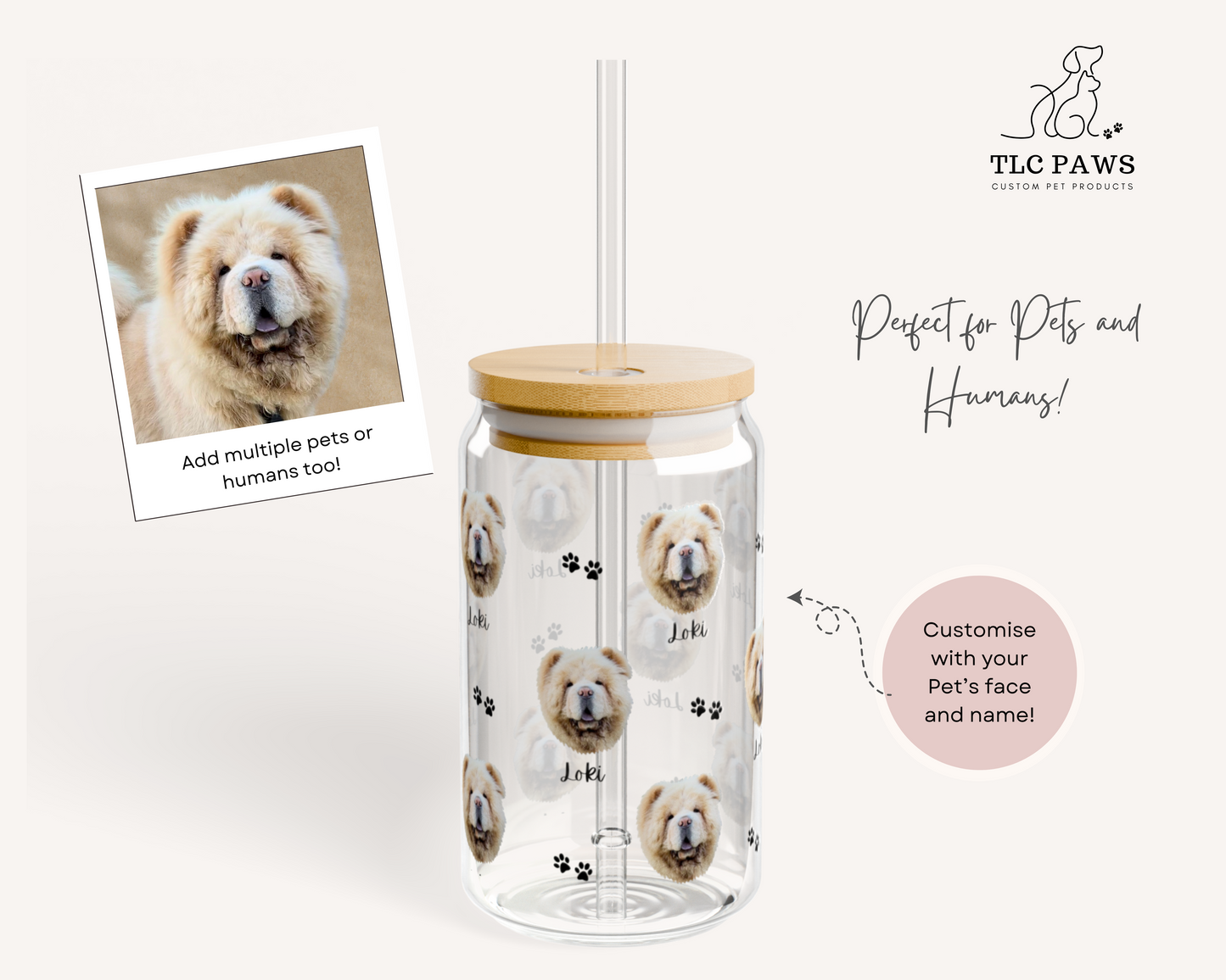 Custom Pet Photo Glass Tumbler with Bamboo Lid & Straw - TLC Paws