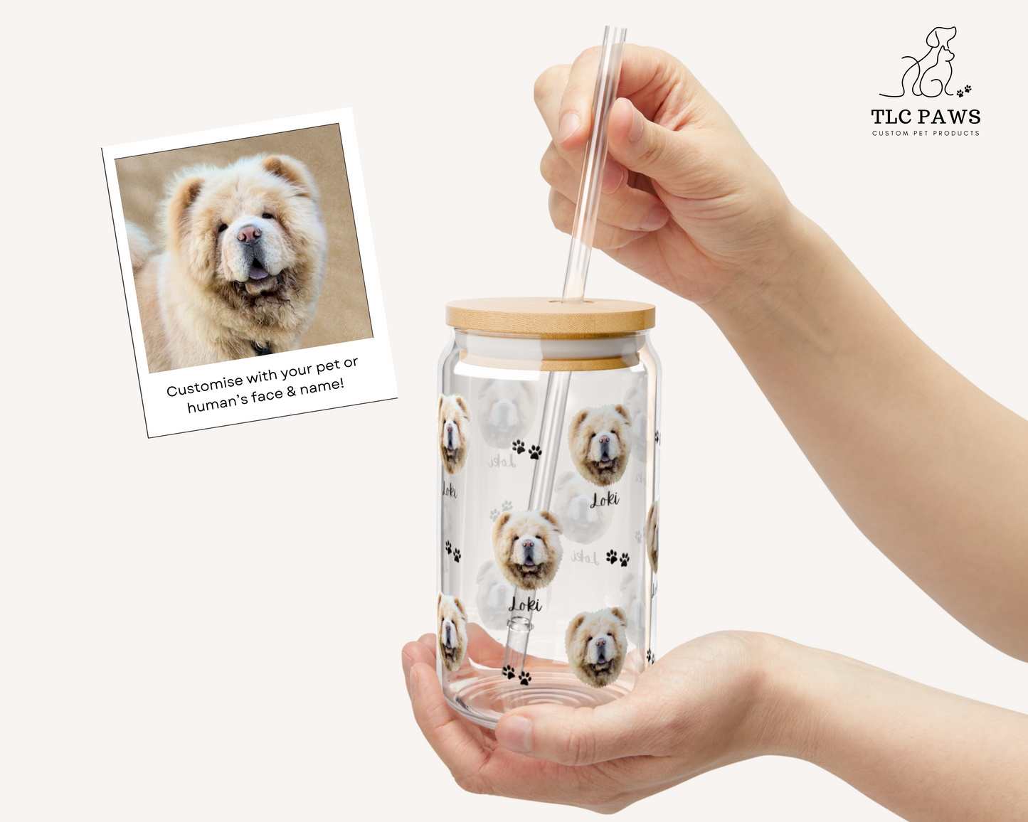 Custom Pet Photo Glass Tumbler with Bamboo Lid & Straw - TLC Paws