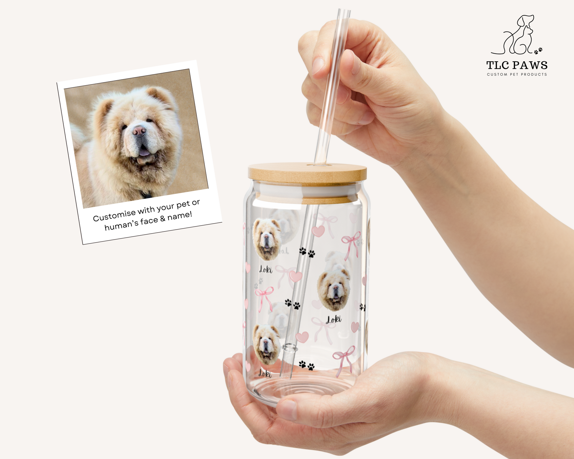 Coquette Pink Bow CUSTOM PET PORTRAIT GLASS TUMBLER