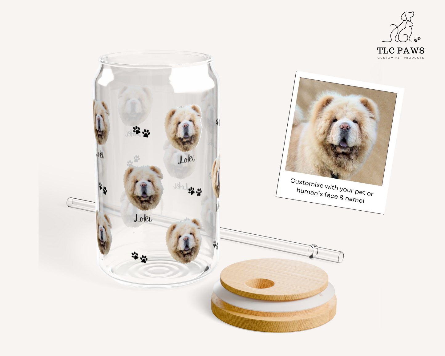 Custom Pet Photo Glass Tumbler with Bamboo Lid & Straw - TLC Paws