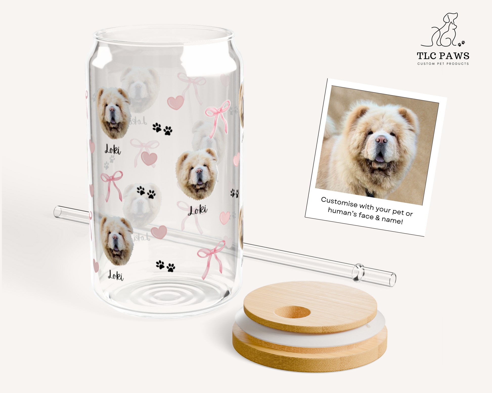 Coquette Pink Bow CUSTOM PET PORTRAIT GLASS TUMBLER