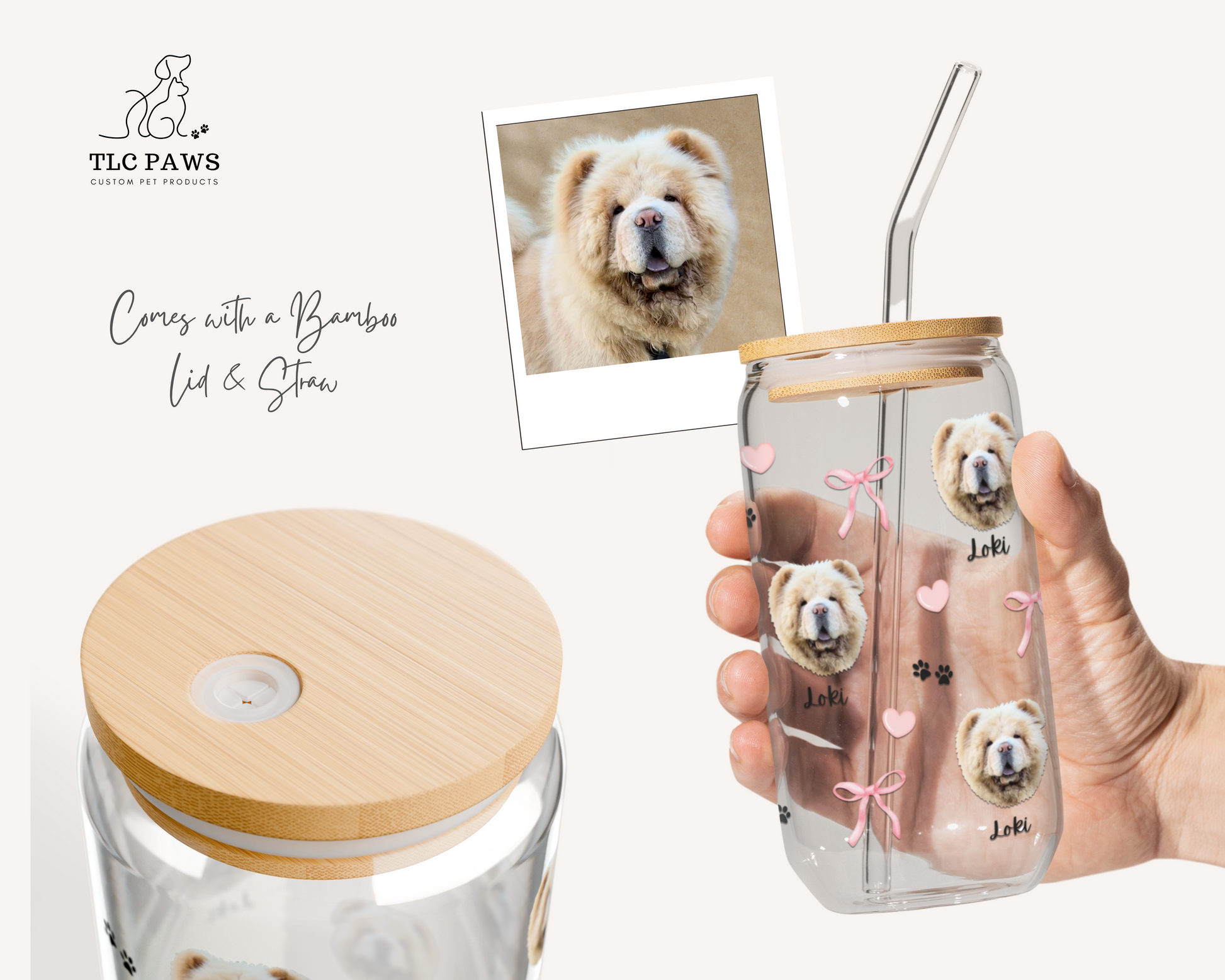 Custom Coquette Bow Pet Photo Glass Tumbler with Bamboo Lid & Straw - TLC Paws