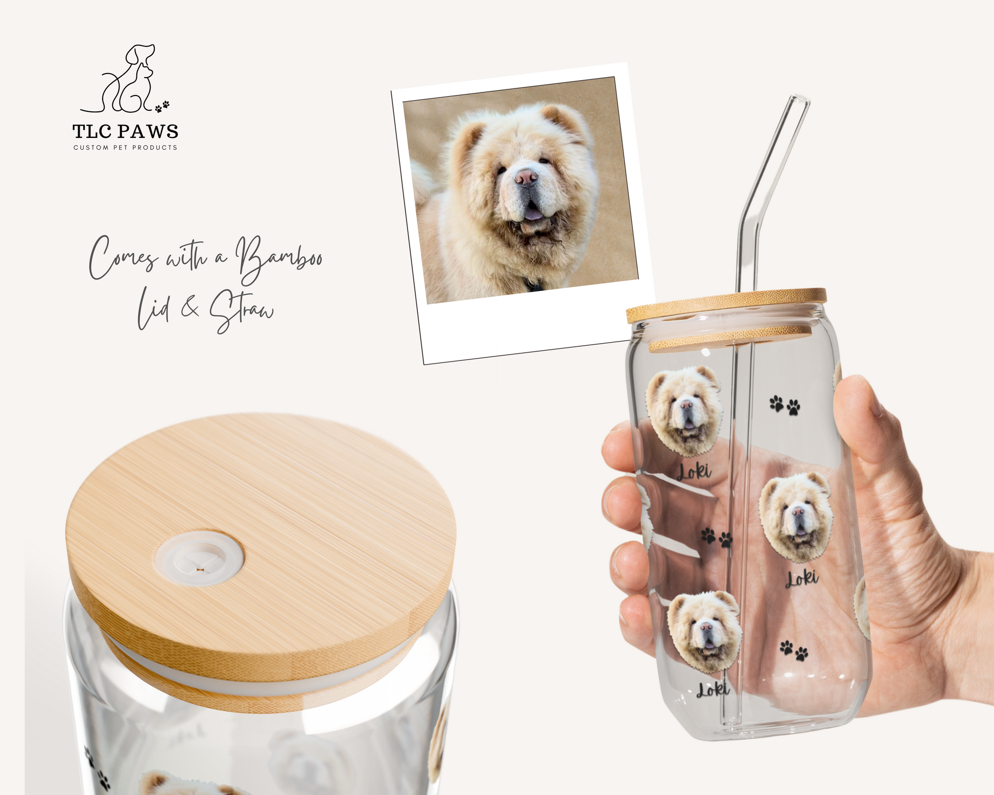 Custom Pet Photo Glass Tumbler with Bamboo Lid & Straw - TLC Paws