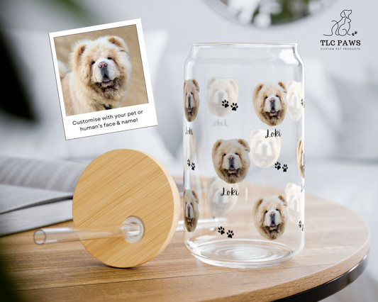 Custom Coquette Bow Pet Photo Glass Tumbler with Bamboo Lid & Straw - TLC Paws