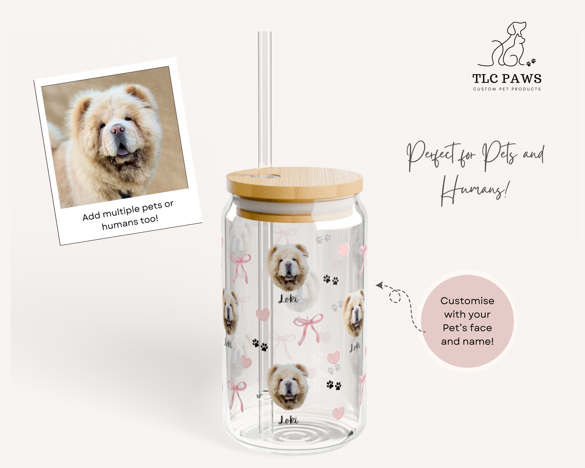 Coquette Pink Bow CUSTOM PET PORTRAIT GLASS TUMBLER