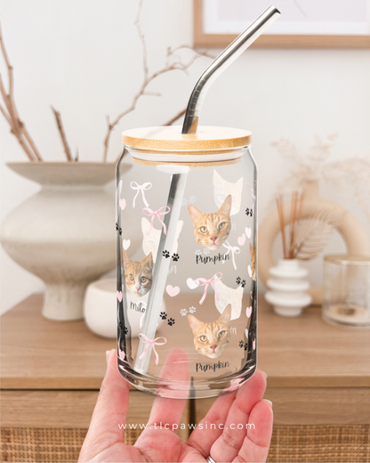 CUSTOM CAT FACE GLASS CUP WITH LIE AND STRAW COQUETTE 