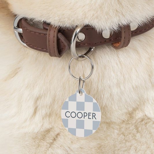 Personalised Pet Dog or Cat ID Tag - Checkered Powder Blue - TLC Paws