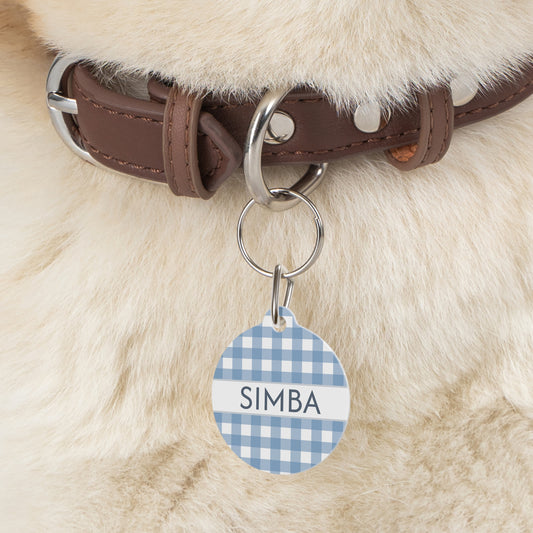 Gingham Personalized Pet Dog or Cat ID Tag - Blue - TLC Paws