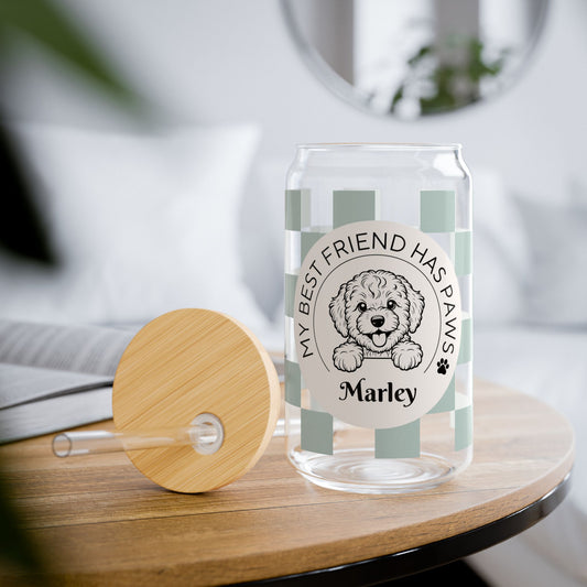 Custom Cavoodle Glass Tumbler with Bamboo Lid and Straw - Checkered Sage - TLC Paws