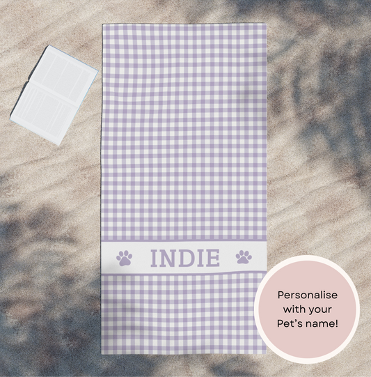 Personalised Gingham Beach Towel – Custom Name Beach Towel for Dog Mums & Pet Lovers | Soft & Highly Absorbent