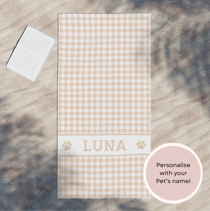 Personalised gingham beach towel with custom name, soft plush and highly absorbent cotton beach towel for dog lovers and pet owners, classic checked design.