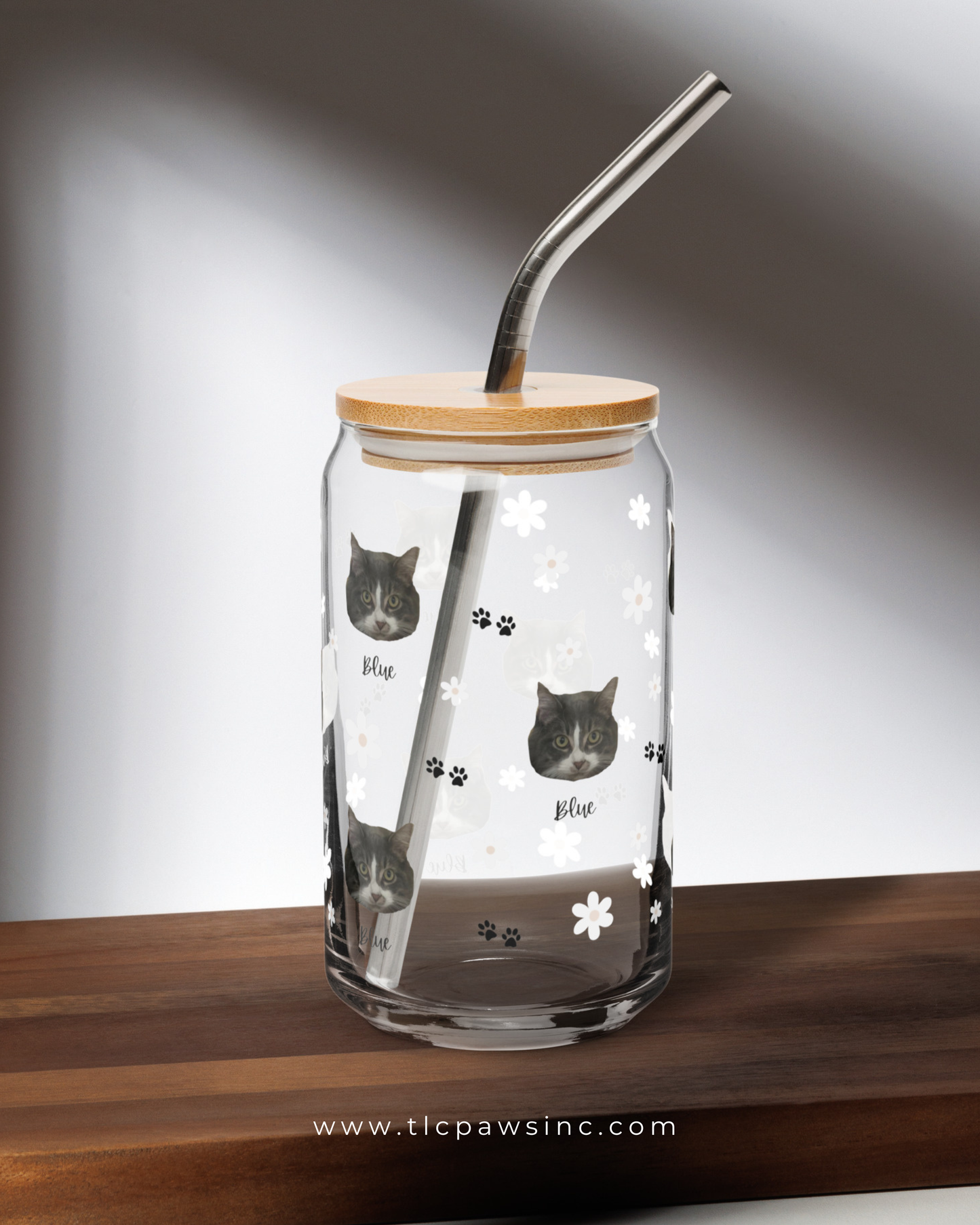Personalised Pet Face Glass Tumbler with Bamboo Lid & Straw