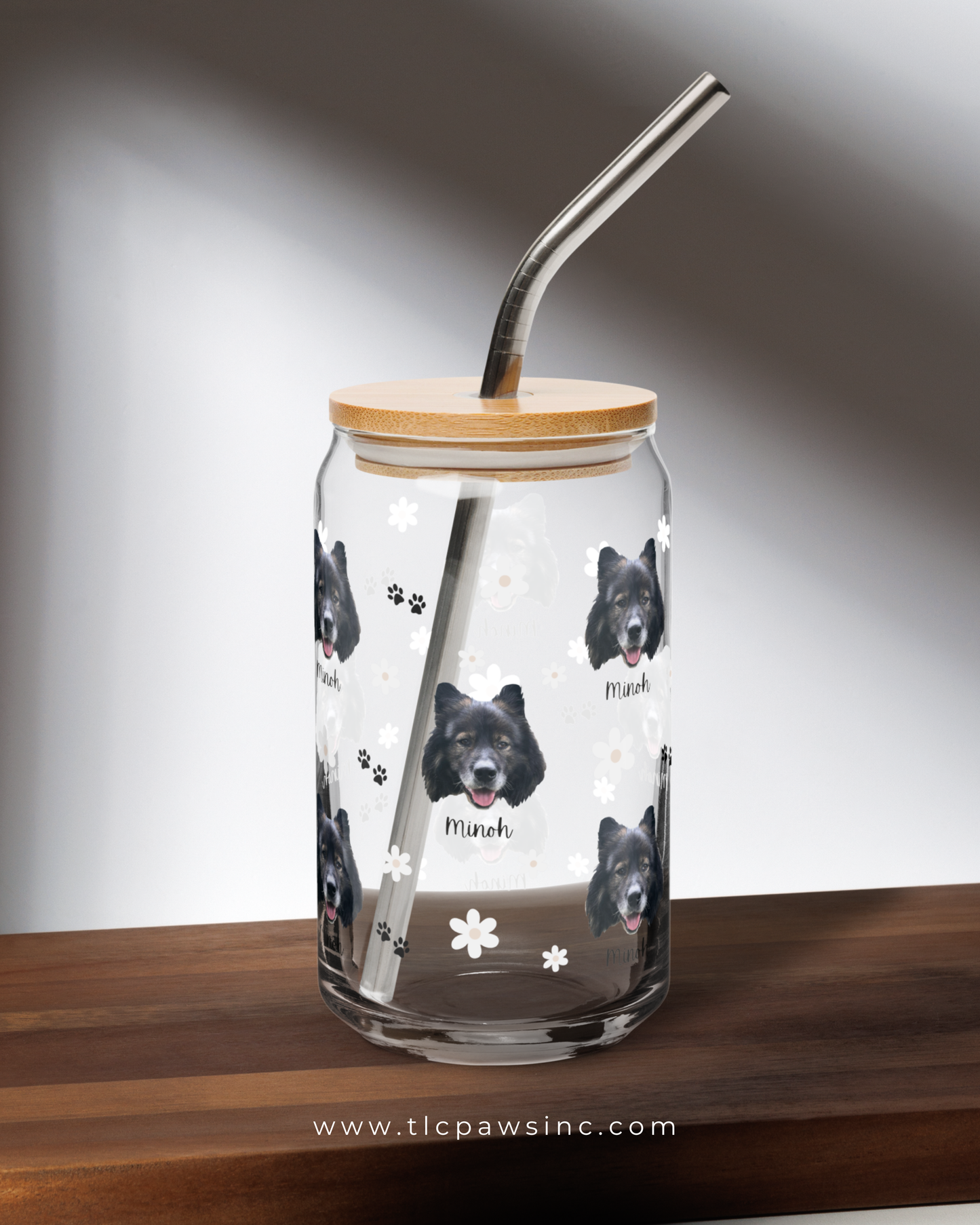 CustomDogFaceGlassTumblerwithWHITE DAISY FLORAL Name_BambooLid_Straw