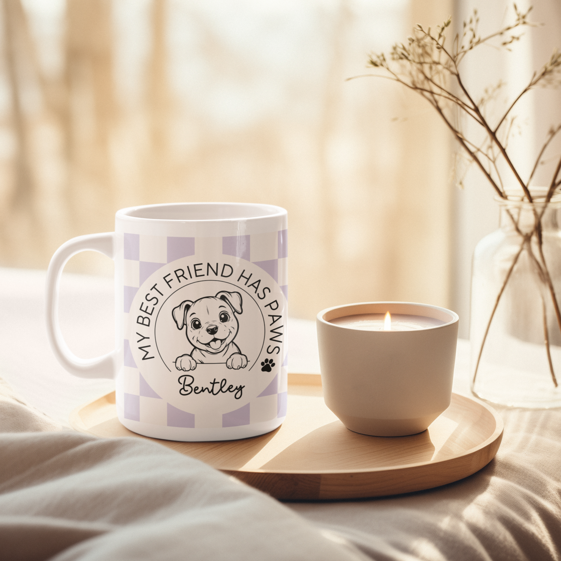 Personalised Staffy Dog Mug - Staffordshire Bull Terrier Best Friend Checkered Lilac - TLC Paws