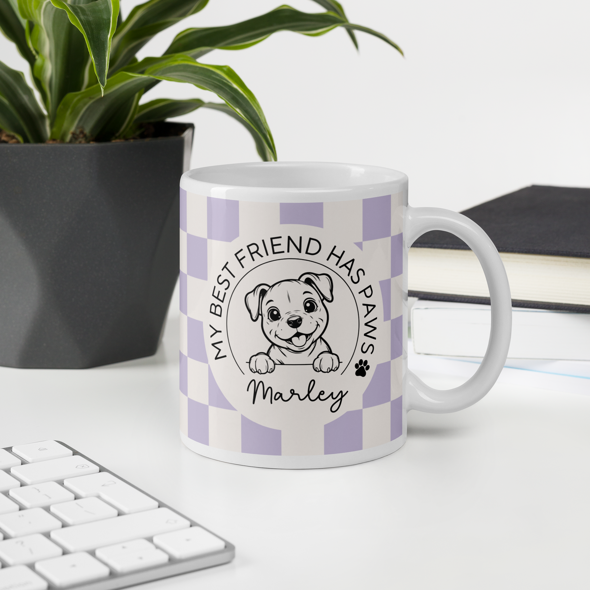 Personalised Staffy Dog Mug - Staffordshire Bull Terrier Best Friend Checkered Lilac - TLC Paws