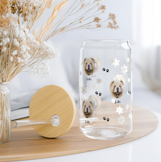 Custom Dog Face Glass Tumbler with Name – Personalized Pet Portrait Cup with Bamboo Lid & Straw – Ideal Gift for Dog Lovers