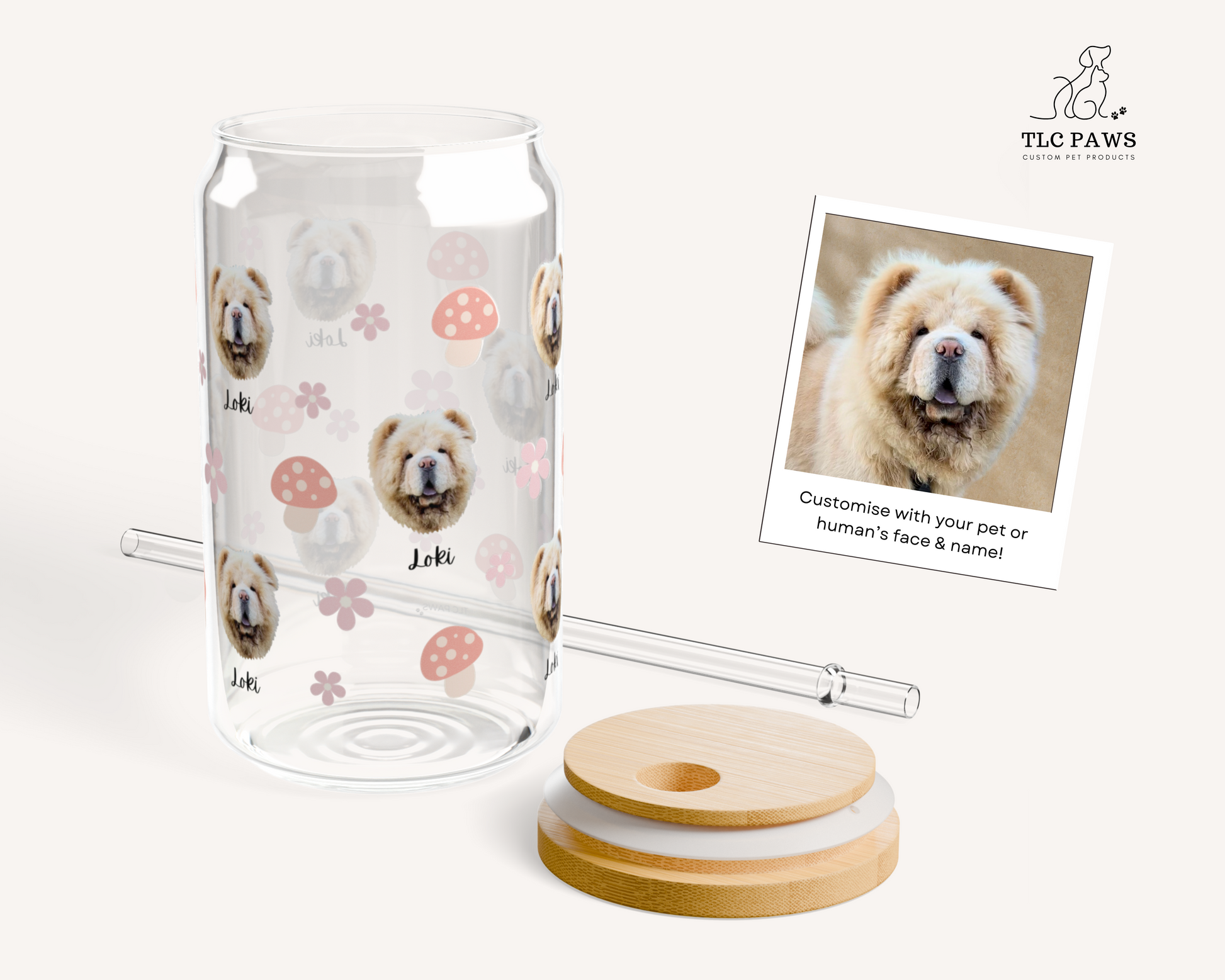 Custom Dog Face Glass Tumbler with Name – Personalized Pet Portrait Cup with Bamboo Lid & Straw – Ideal Gift for Dog Lovers - TLC PAWS