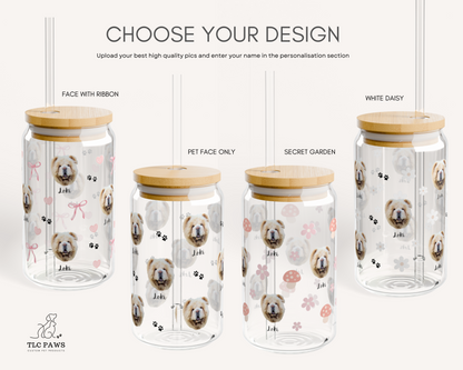 Custom Dog Face Glass Tumbler with Name – Personalized Pet Portrait Cup with Bamboo Lid & Straw – Ideal Gift for Dog Lovers - white floral  - tlc paws