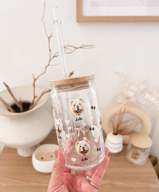Custom pet portrait glass tumbler drink cup - TLC Paws 