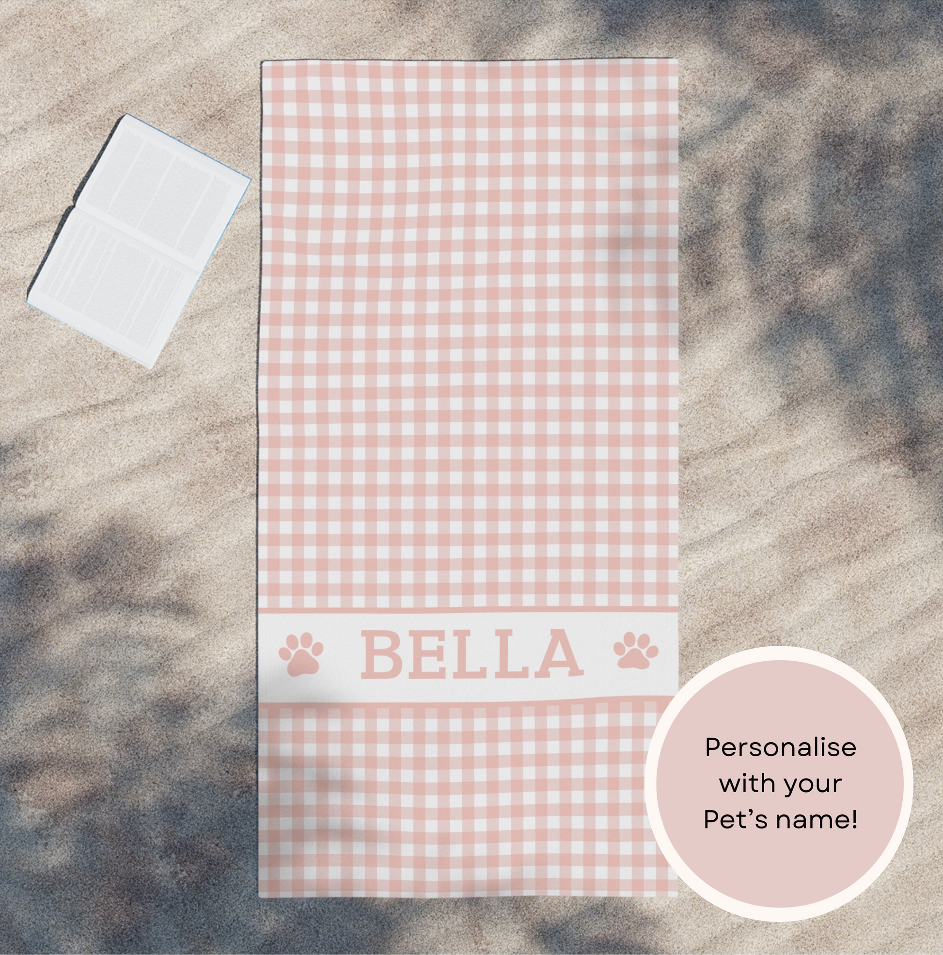 Custom gingham beach towel personalised with pet name, soft highly absorbent beach towel for dog mums, matching pet lover towel perfect for beach days and rainy walkies.