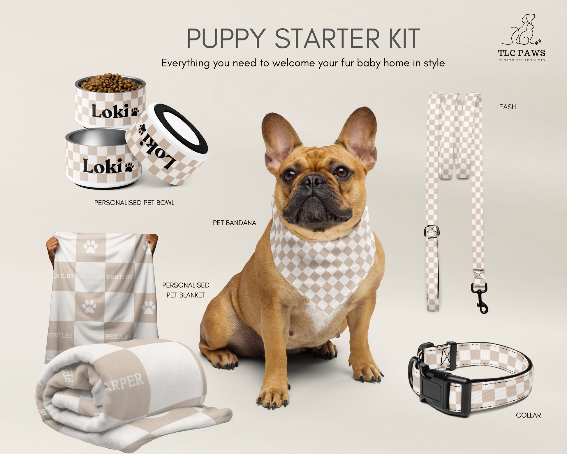 Deluxe Puppy Starter Welcome Pack with Essentials Custom Blanket, Pet Bowl, Matching Collar & Leash, and Bandana