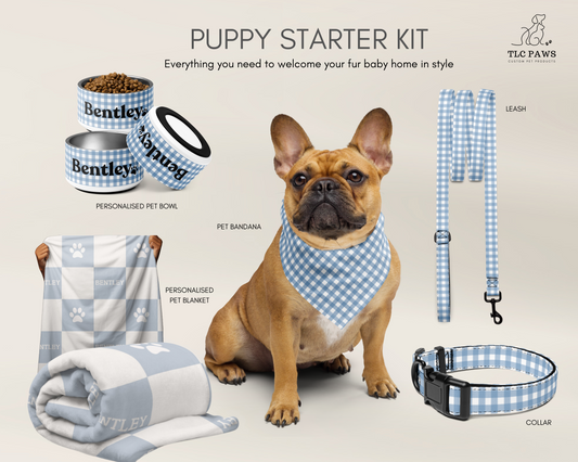 Deluxe Personalised Puppy Starter Kit - Complete Essentials with Custom Blanket, Pet Bowl, Matching Collar & Leash, and Bandana - TLC Paws