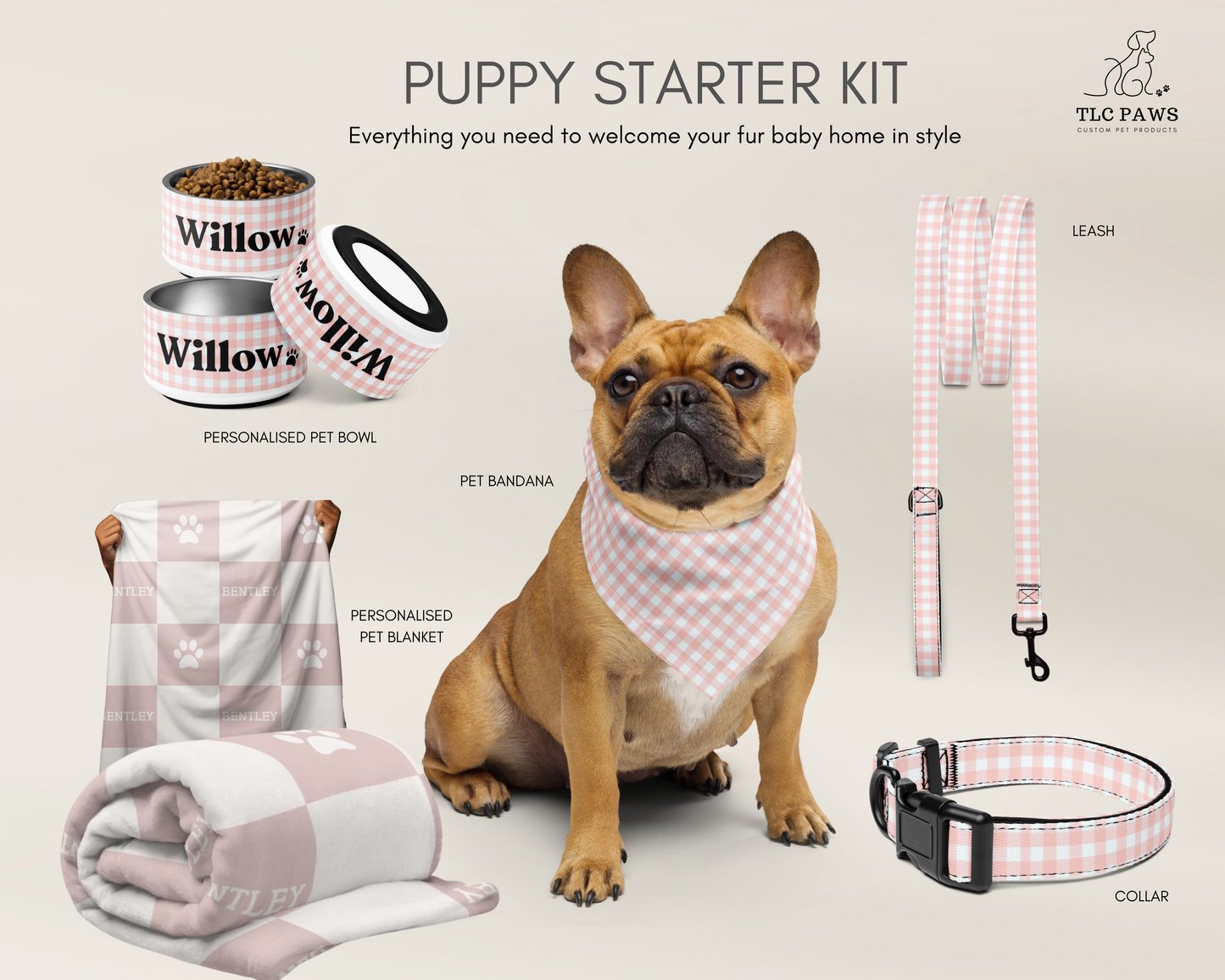 Deluxe Personalised Puppy Starter Kit - Complete Essentials with Custom Blanket, Pet Bowl, Matching Collar & Leash, and Bandana - TLC Paws