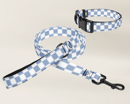 Dog Collar and Leash Set - Checkered Blue - TLC Paws
