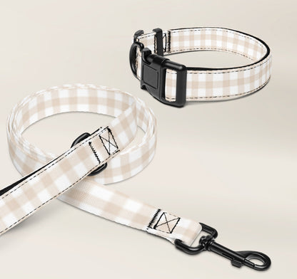 Pet Collar and Leash Set - Gingham Sand - TLC Paws