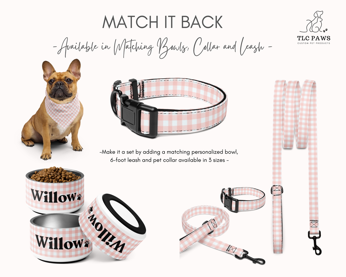Dog Collar and Leash Set Gingham Pink TLC Paws
