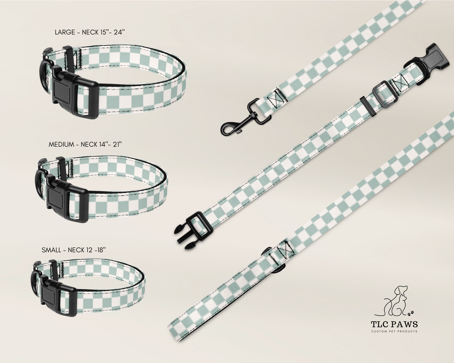 Dog Collar and Leash Set Checkered Sage - TLC Paws