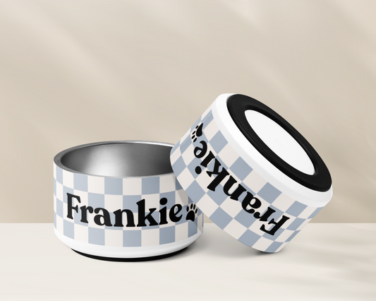 Personalised Pet Dog Bowl and Cat Feeder - Checkered Powder Blue - TLC Paws