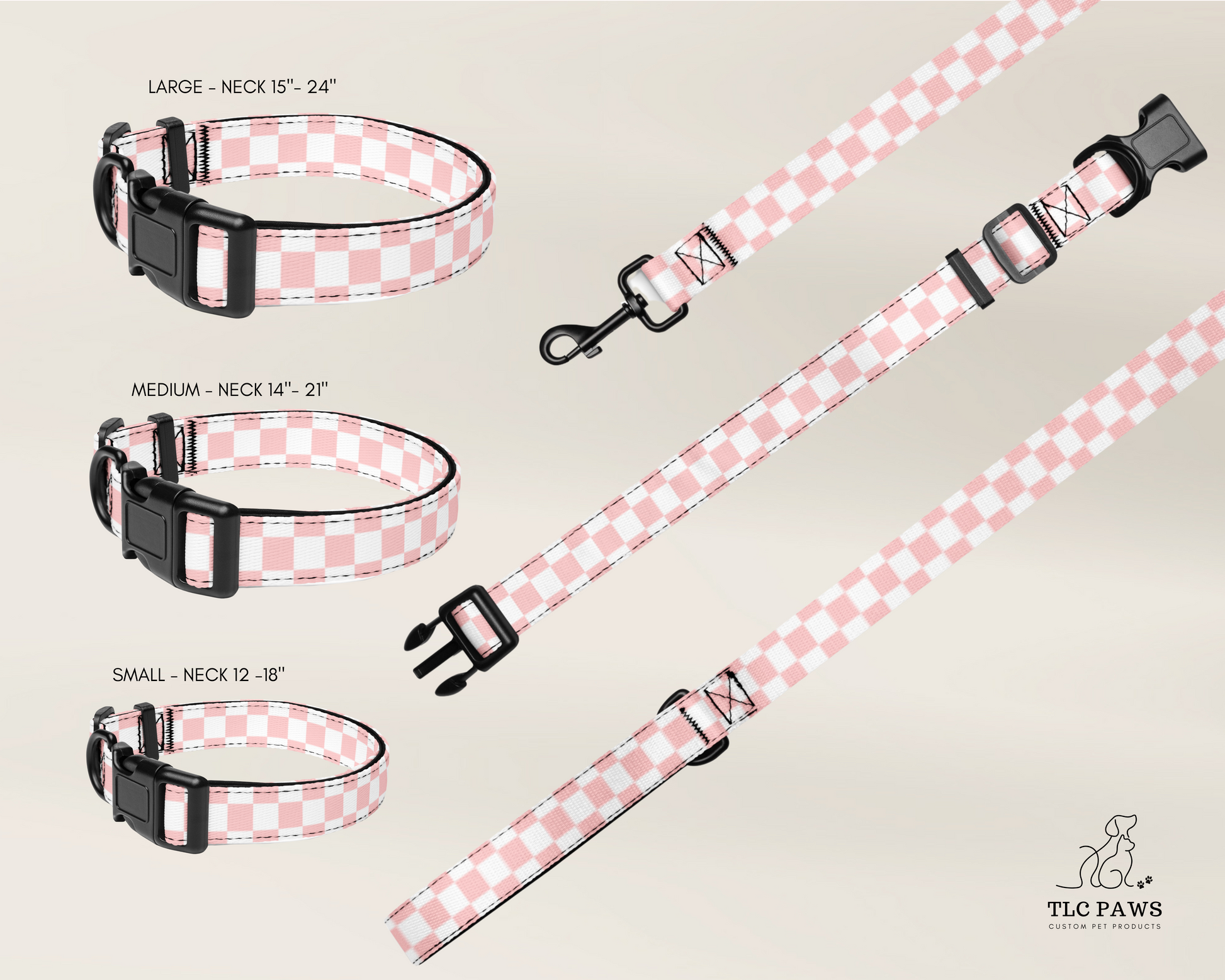 Pet Collar and Leash Set - Checkered Pink - TLC Paws