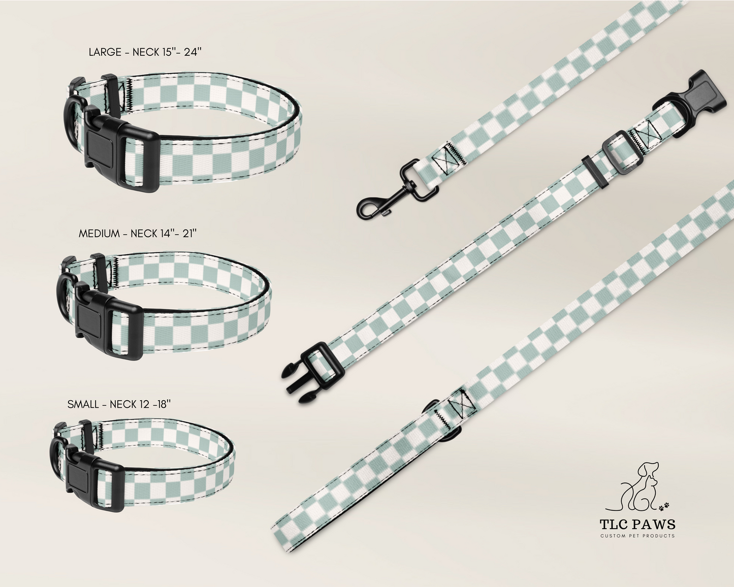 Dog Collar and Leash Set - Checkered Sage - TLC Paws