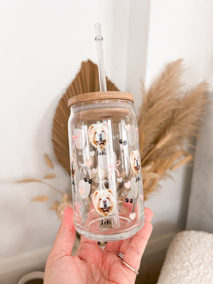 Custom pet portrait glass tumbler drink cup - TLC Paws 