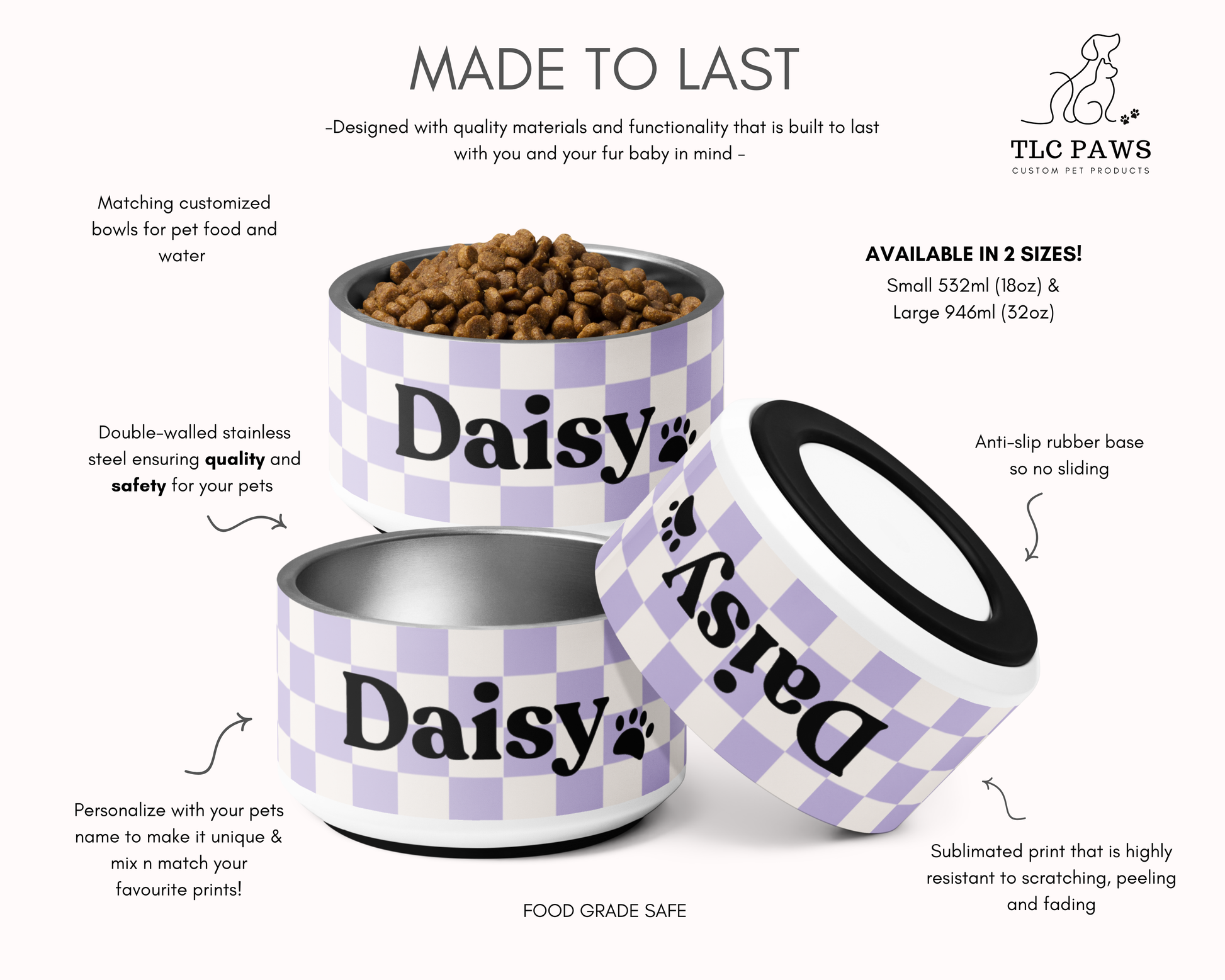 CHECKERED LILAC PERSONALISED PET BOWLS SMALL