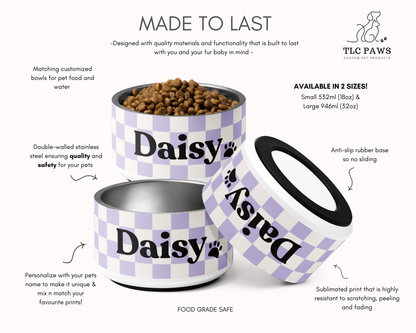CHECKERED LILAC PERSONALISED PET BOWLS SMALL