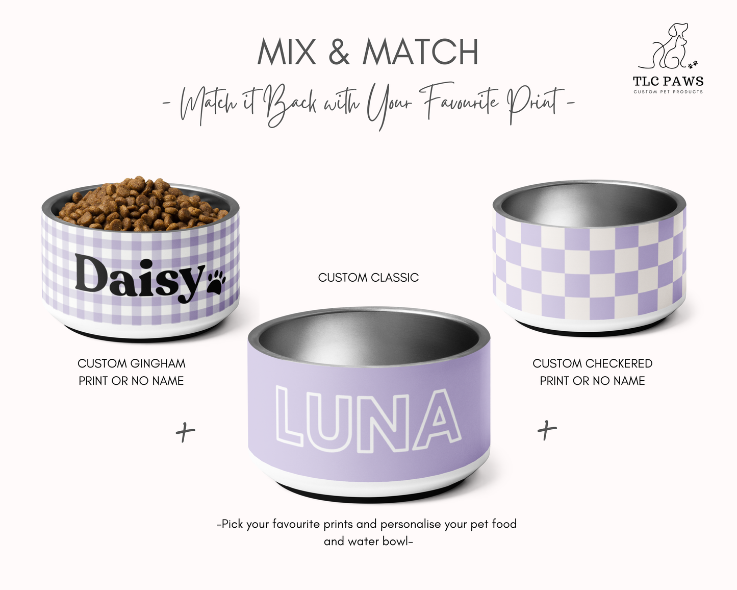 CHECKERED LILAC PERSONALISED PET BOWLS SMALL