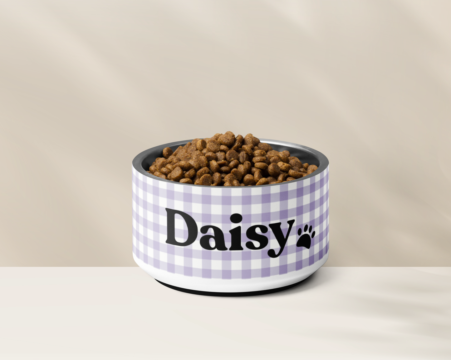 Personalised Dog Bowl - Stainless Steel Food and Water Bowl Gingham Lilac