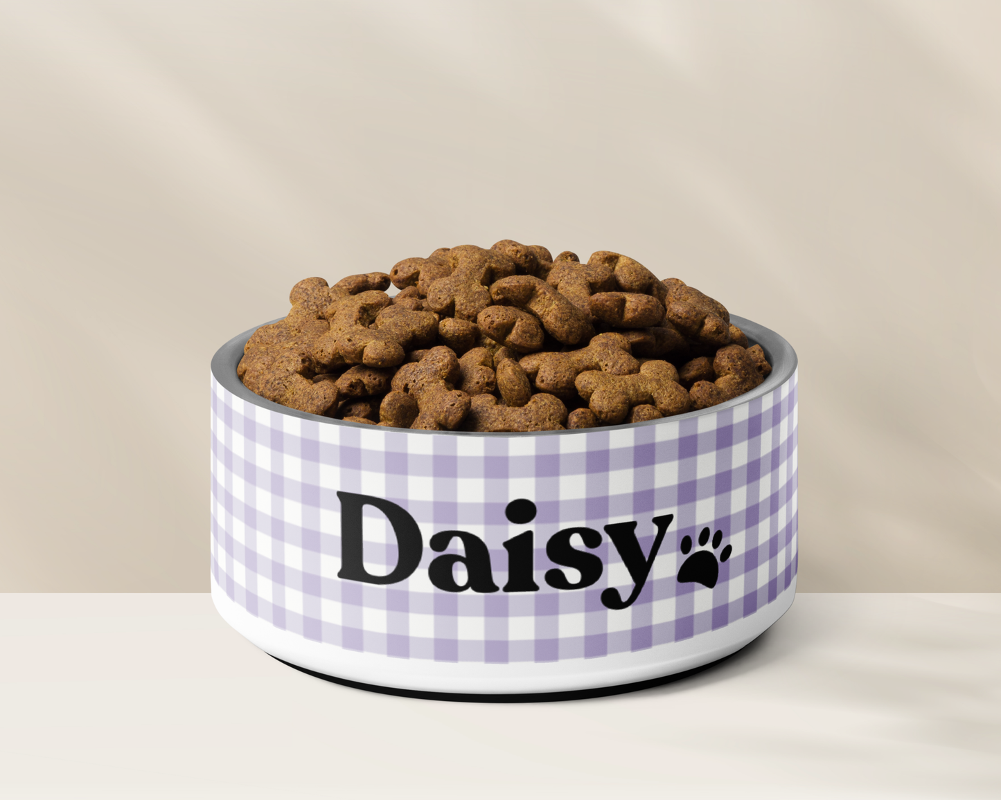 Personalised Dog Bowl - Stainless Steel Food and Water Bowl Gingham Lilac