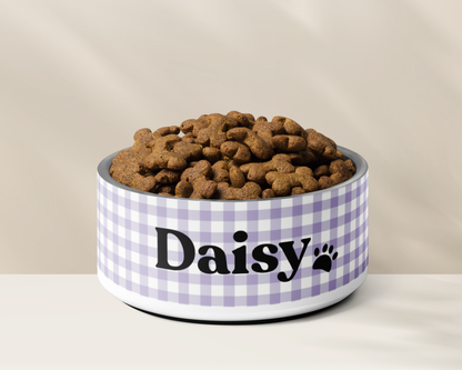 Personalised Dog Bowl - Stainless Steel Food and Water Bowl Gingham Lilac