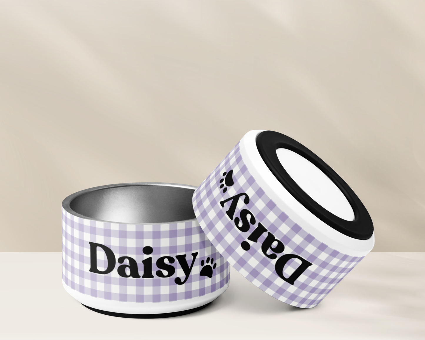 Personalised Dog Bowl - Stainless Steel Food and Water Bowl Gingham Lilac
